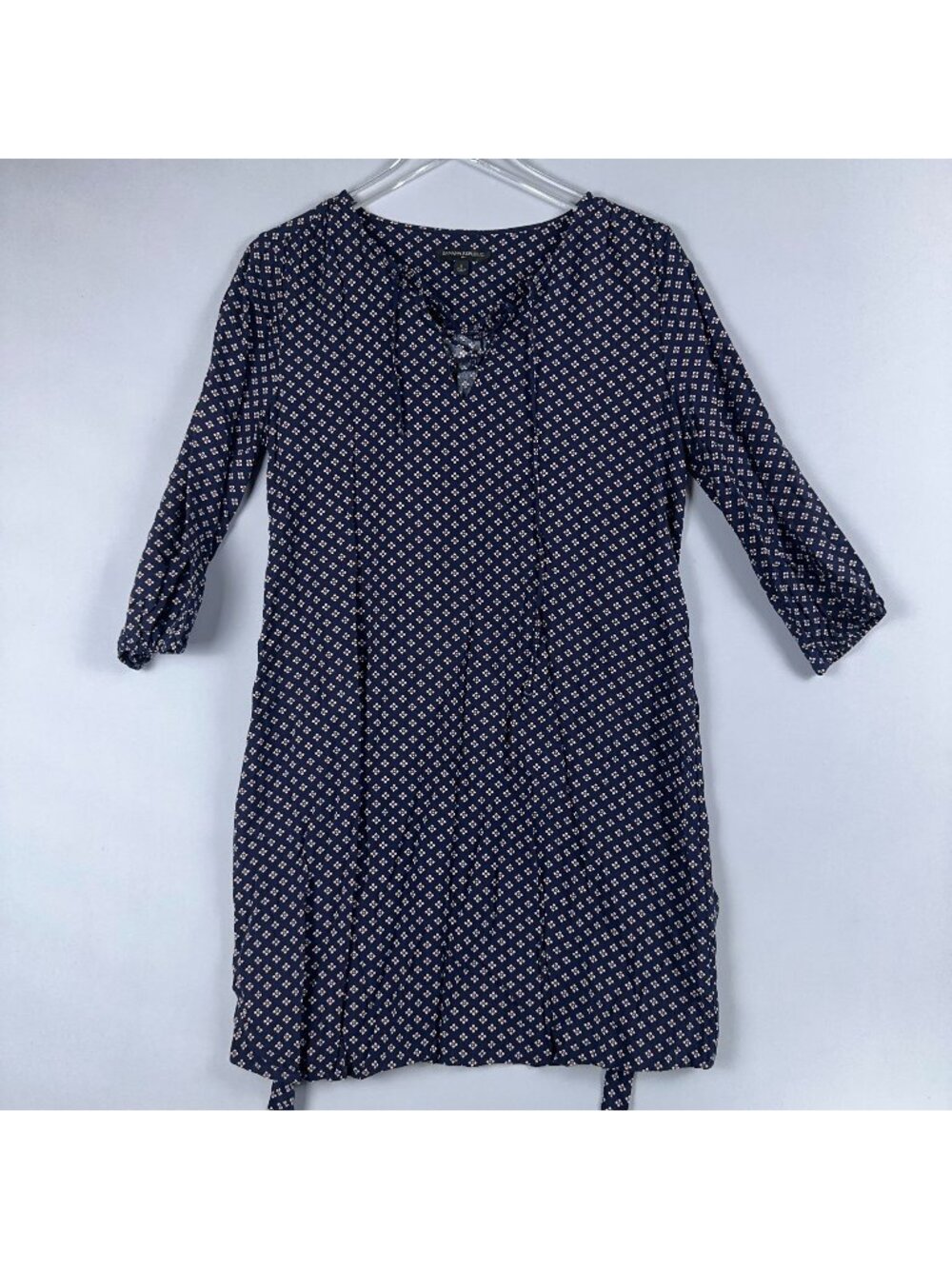 Banana Republic Dress Size Small Navy Beige Floral Print 3/4 Sleeves Tie Neck